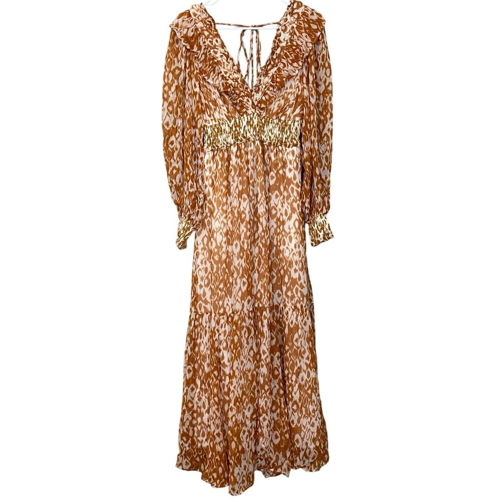 Anthropologie Odetta Ruffled V Neck Maxi Dress Small Honey Orange Boho Cottage - Picture 6 of 13